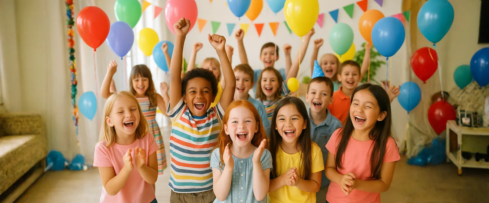 Niños celebrando un cumpleaños con globos